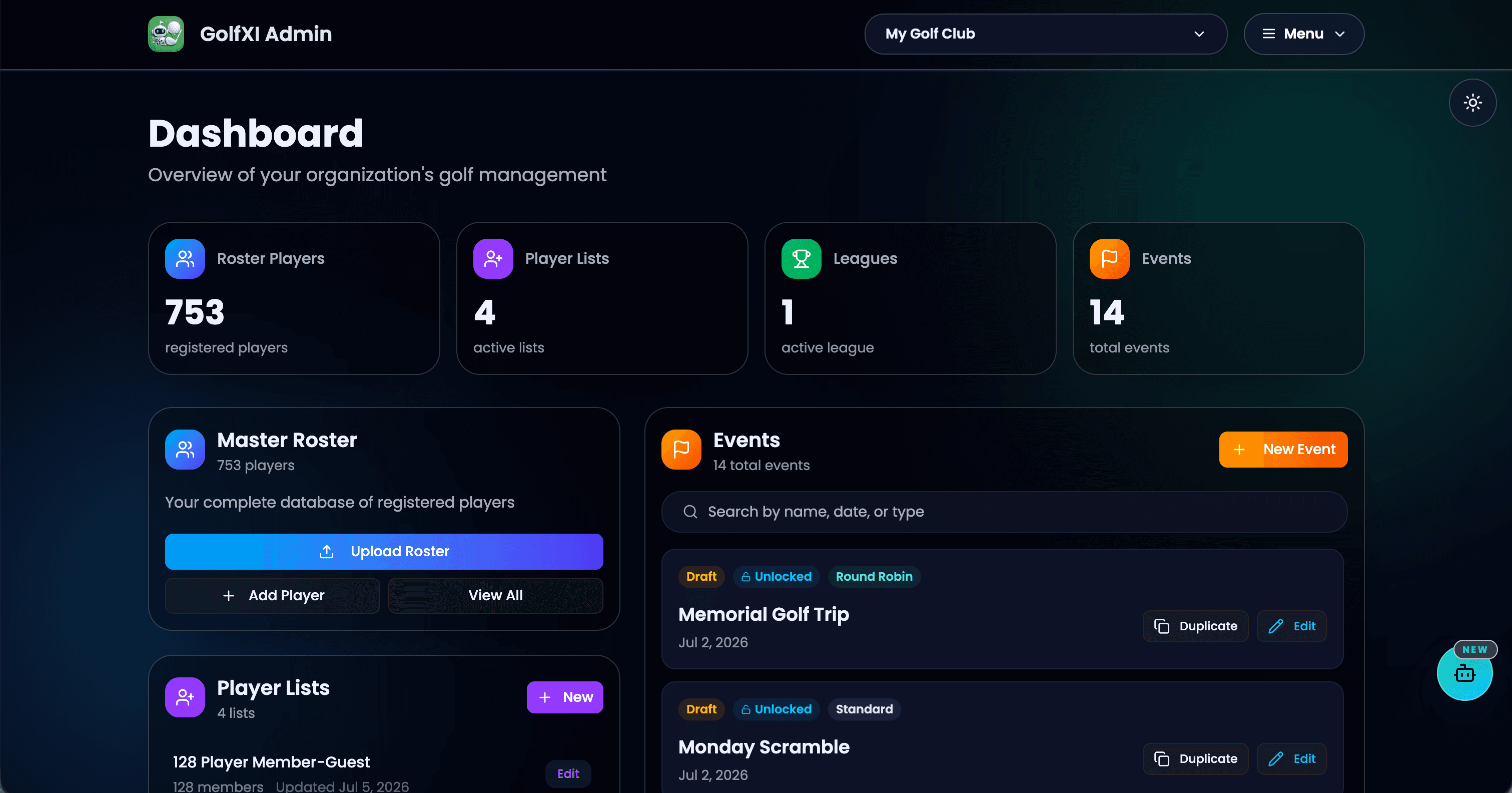 GolfXI admin dashboard screenshot in dark mode